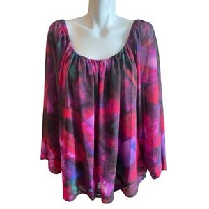 Sunny Leigh Woman Lined Tunic Blouse Size 2X Off Shoulder Red Purple Long Sleeve
